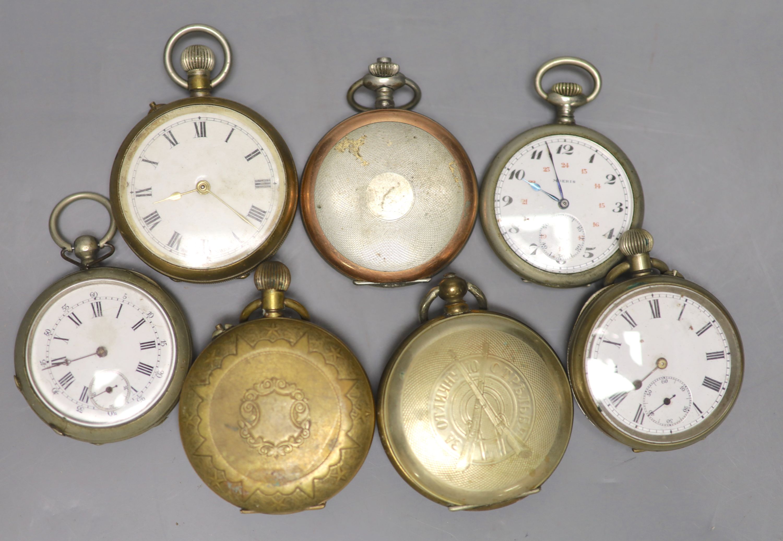 Seven assorted base metal pocket watches including Russian?.
